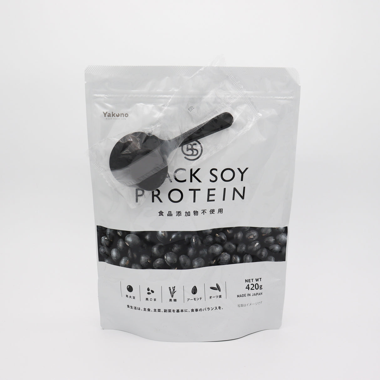 Packaging of black soy protein with a spoon icon on a white background yunomi.life