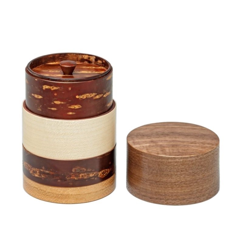 Fujiki Denshiro: Wazutsu Series Kabazaiku Tea Canisters, 4-color Walnut 輪筒4色 茶筒 くるみ - Yunomi.life