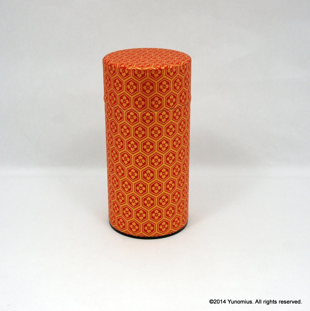 Okumura Seikan: Tea Canister, Chiyogami Washi Paper, Red and Gold Tortoiseshell Pattern (size for 175g sencha) - Yunomi.life