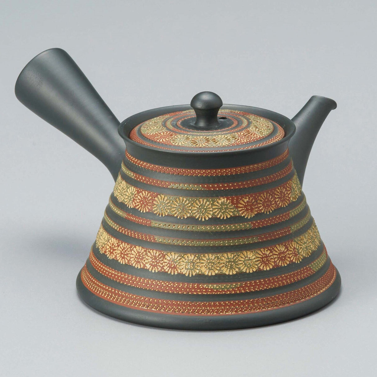 Teruyuki Kiln F79: Inbana - Tokoname Mt Fuji Kyusu Tea Pot with Pressed Flower (Yellow / Red) Design (200 cc, Yamaki Ikai) 常滑・輝之二色印花富士型急須