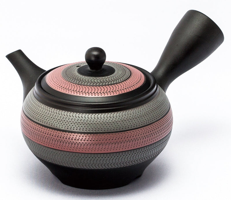 Koizumi: Left-handed Silver & Pink Striped Tokoname Kyusu Tea Pot by Kiln Tosei, 330 ml, 8-193 【陶聖】２色ルレット左手急須 - Yunomi.life