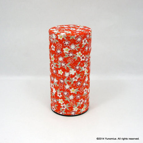 Okumura Seikan 774: Tea Canister, Chiyogami Washi Paper - Sakura Red (size for 175g sencha) - Yunomi.life